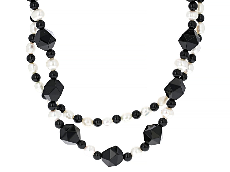 White Cultured Freshwater Pearl With Black Onyx Sterling Silver 24 Inch Necklace