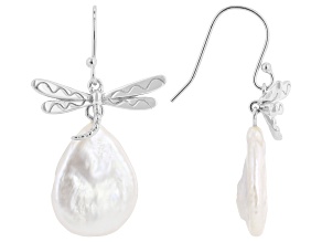 White Cultured Freshwater Pearl Rhodium Over Sterling Silver Earrings