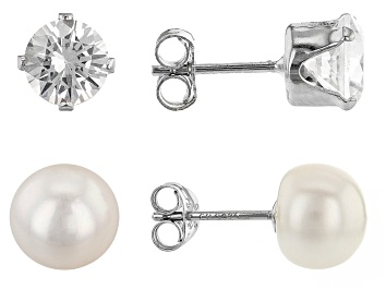 Picture of White Cultured Freshwater Pearl & White Lab  Sapphire Rhodium Over Silver Stud Earring Box Set of 2