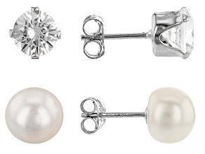 White Cultured Freshwater Pearl & White Lab  Sapphire Rhodium Over Silver Stud Earring Box Set of 2