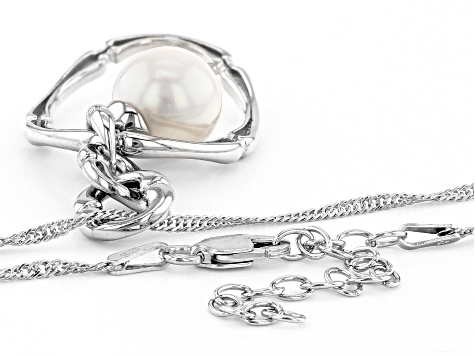 White Cultured South Sea Pearl Rhodium Over Sterling Silver Pendant With Chain