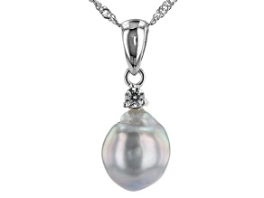 Cultured Tahitian Pearl And White Zircon Rhodium Over Sterling Silver Pendant With Chain