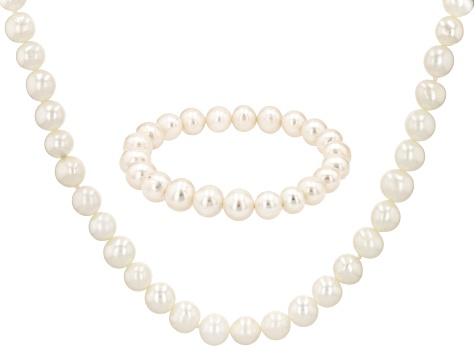 White Cultured Freshwater Strand Necklace and Stretch Bracelet Set