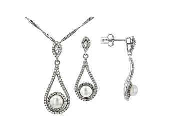 Picture of White Cultured Freshwater Pearl & Cubic Zirconia Rhodium Over Sterling Silver Pendant & Earring Set