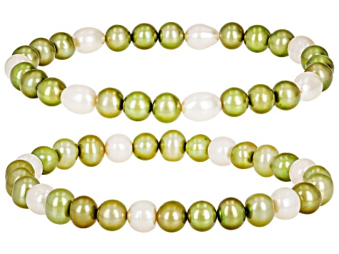 Pistachio Green And White Cultured Freshwater Pearl Stretch Bracelet Set