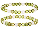 Pistachio Green And White Cultured Freshwater Pearl Stretch Bracelet Set