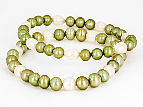 Pistachio Green And White Cultured Freshwater Pearl Stretch Bracelet Set
