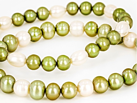 Pistachio Green And White Cultured Freshwater Pearl Stretch Bracelet Set