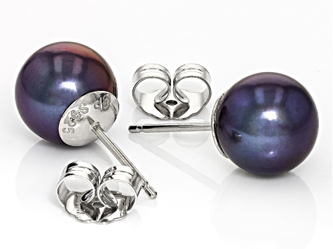 Black Cultured Freshwater Pearl Rhodium Over Sterling Silver Stud Earrings