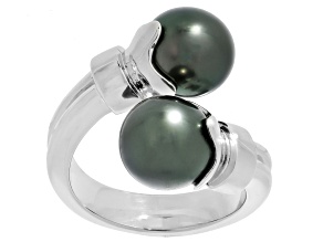Cultured Tahitian Pearl Rhodium Over Sterling Silver Bypass Ring