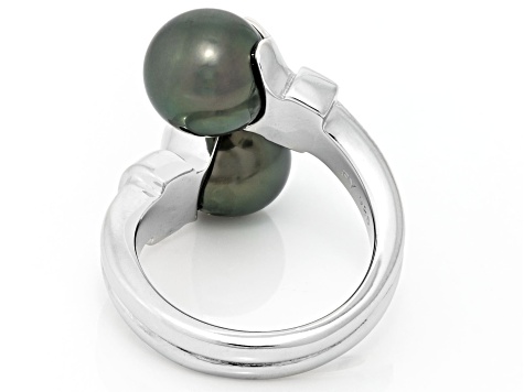 Cultured Tahitian Pearl Rhodium Over Sterling Silver Bypass Ring