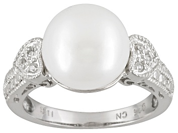 Picture of 11-12mm Cultured Freshwater Grande Pearl And White Topaz Sterling Silver Heart Design Ring