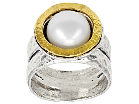 White Cultured Freshwater Pearl Sterling Silver With 14k Yellow Gold Over Accent Ring