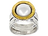 White Cultured Freshwater Pearl Sterling Silver With 14k Yellow Gold Over Accent Ring