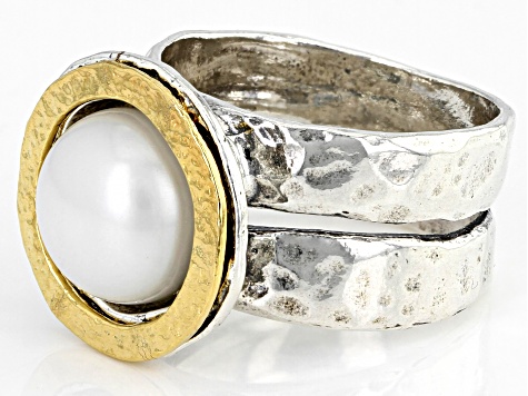 White Cultured Freshwater Pearl Sterling Silver With 14k Yellow Gold Over Accent Ring