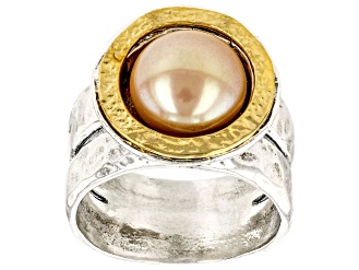 Peach Cultured Freshwater Pearl Sterling Silver With 14k Yellow Gold Over Accent Ring