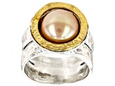 Peach Cultured Freshwater Pearl Sterling Silver With 14k Yellow Gold Over Accent Ring
