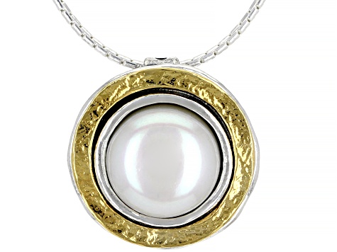White Cultured Freshwater Pearl Sterling Silver With 14k Yellow Gold Over Accent Necklace