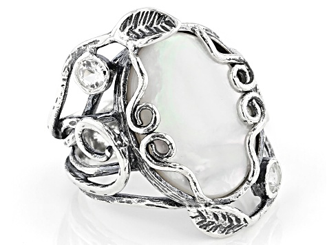 White South Sea Mother-of-Pearl & White Topaz Sterling Silver Ring