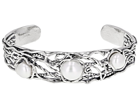 White Cultured Freshwater Pearl Sterling Silver Cuff Bracelet