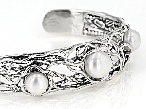 White Cultured Freshwater Pearl Sterling Silver Cuff Bracelet