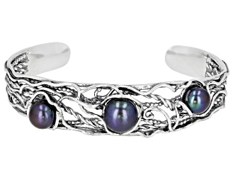 Black Cultured Freshwater Pearl Sterling Silver Cuff Bracelet