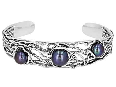 Black Cultured Freshwater Pearl Sterling Silver Cuff Bracelet