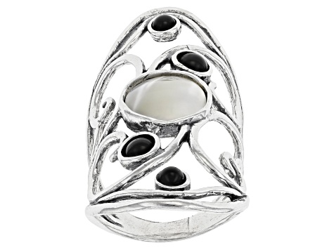 White South Sea Mother-Of-Pearl With Black Onyx Sterling Silver Ring