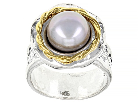 Platinum Cultured Freshwater Pearl Sterling Silver and 14k Yellow Gold Over Sterling Silver Ring