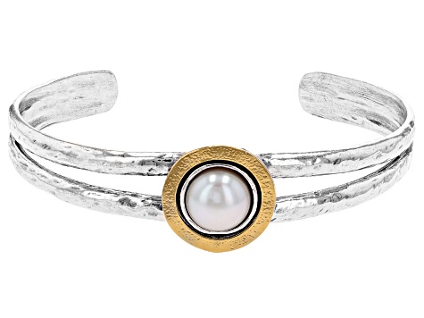 White Cultured Freshwater Pearl Sterling Silver & 14k Yellow Gold Over Silver Two-Tone Bracelet