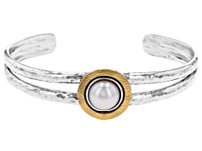 White Cultured Freshwater Pearl Sterling Silver & 14k Yellow Gold Over Silver Two-Tone Bracelet