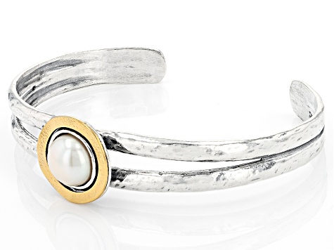 White Cultured Freshwater Pearl Sterling Silver & 14k Yellow Gold Over Silver Two-Tone Bracelet