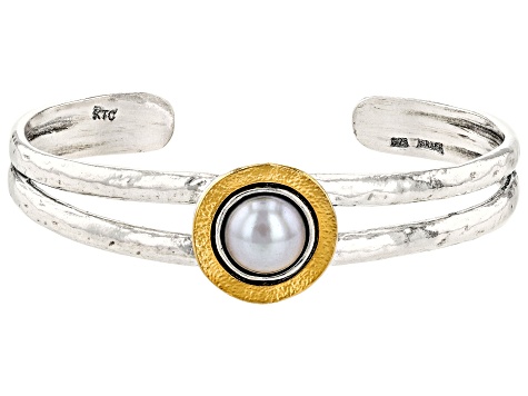 Platinum Cultured Freshwater Pearl Sterling Silver & 14k Yellow Gold Over Silver Two-Tone Bracelet