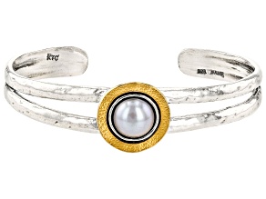 Platinum Cultured Freshwater Pearl Sterling Silver & 14k Yellow Gold Over Silver Two-Tone Bracelet