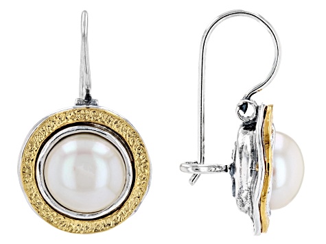 White Cultured Freshwater Pearl Sterling Silver & 14k Yellow Gold Over Silver Two-Tone Earrings