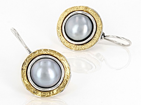 Platinum Cultured Freshwater Pearl Sterling Silver & 14k Yellow Gold Over Silver Two-Tone Earrings