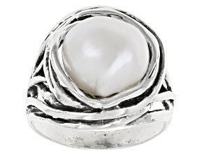 White Cultured Freshwater Pearl Oxidized Sterling Silver Ring