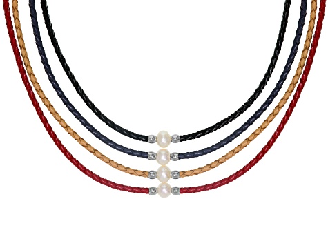 White Cultured Freshwater Pearl, Imitation Leather Silver Tone Necklace Set