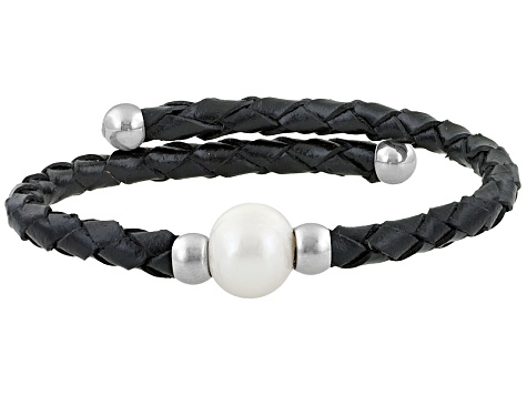 Cultured Freshwater Pearl, Imitation Leather Stainless Steel Bracelet Set
