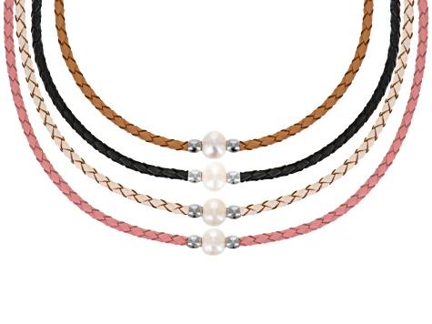Cultured Freshwater Pearl, Imitation Leather Stainless Steel Necklace ...
