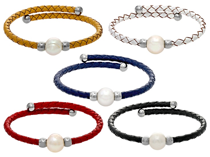 ★tow tow archive★ Boys Pearl Bracelet Black White TBH12ABT White Cultured Freshwater Pearl, Imitation Leather Silver