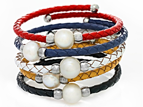 White Cultured Freshwater Pearl, Imitation Leather Silver Tone