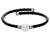 White Cultured Freshwater Pearl, Imitation Leather Silver Tone Bangle Set