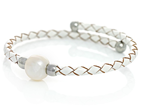 White Cultured Freshwater Pearl, Imitation Leather Silver Tone Bangle Set