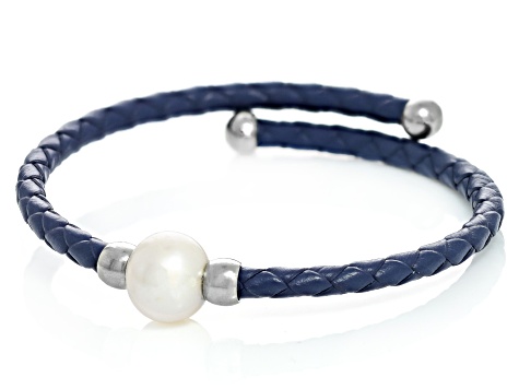 White Cultured Freshwater Pearl, Imitation Leather Silver Tone