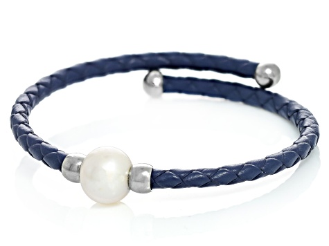 White Cultured Freshwater Pearl, Imitation Leather Silver Tone Bangle Set