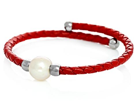 White Cultured Freshwater Pearl, Imitation Leather Silver Tone Bangle Set