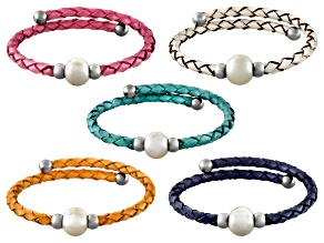Cultured Freshwater Pearl Imitation Leather Silver Tone Bangle Set