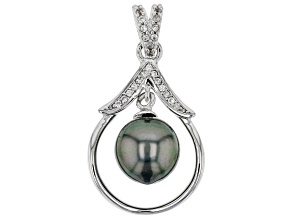Cultured Tahitian Pearl & White Zircon 0.16ctw Rhodium Over Sterling Silver Pendant With Chain