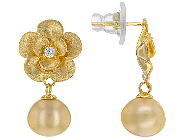 Golden Cultured South Sea Pearl And White Zircon 18k Yellow Gold